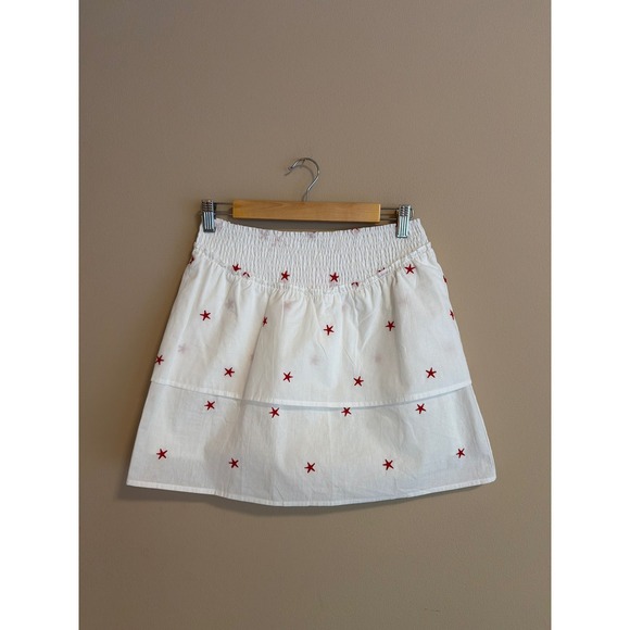Pink Lily Pants - White Red Embroidered Star Smocked Tiered Skort Medium
